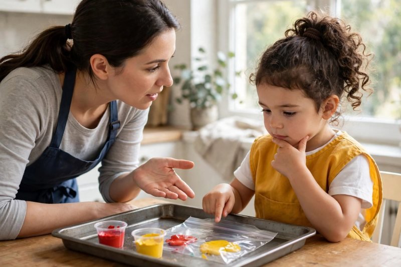 Mother asking a preschooler to guess what red and yellow paint will make