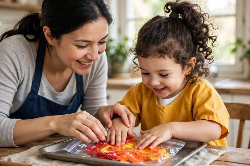 Preschooler squishing a sealed bag of red and yellow paint, turning it orange
