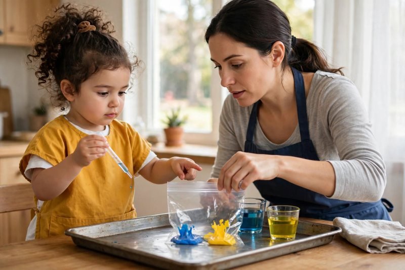 Mother offering a fresh bag of blue and yellow paint as the child predicts