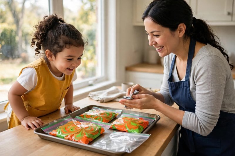 Preschooler admiring bright orange and green mixes before the round turns muddy