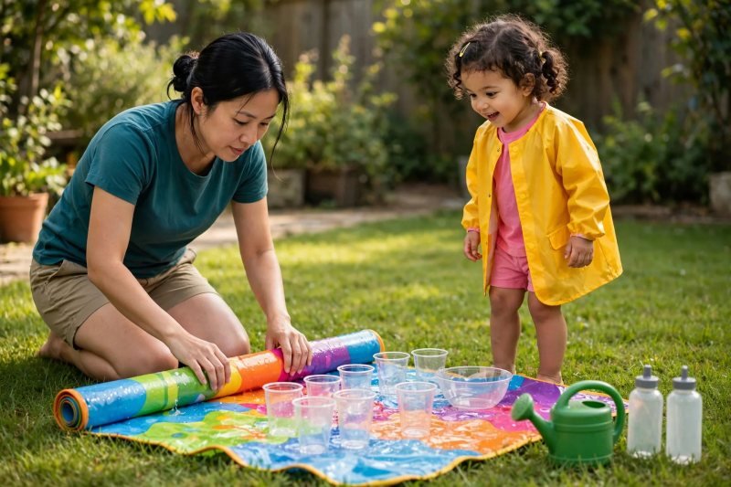 Mother laying cups on a splash mat while a toddler watches in a backyard