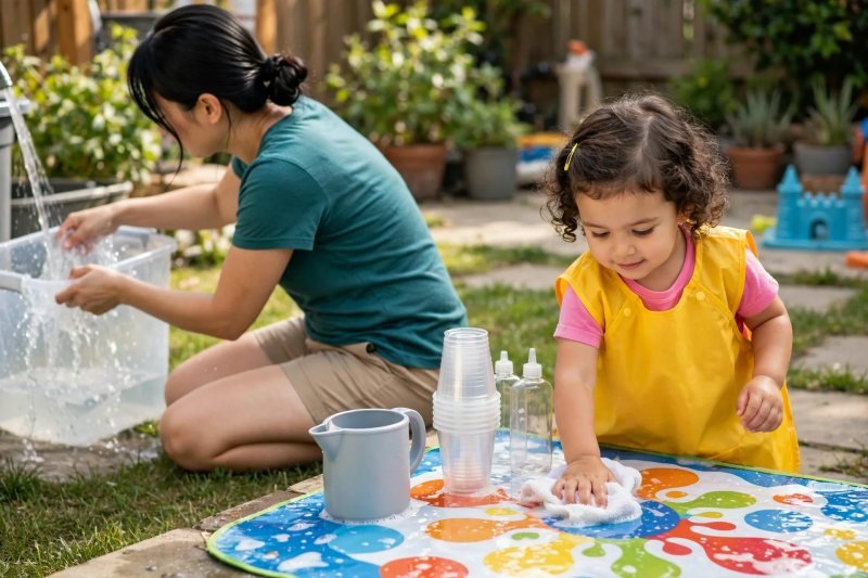 Toddler wiping the splash mat with a towel beside rinsed clear cups outdoors