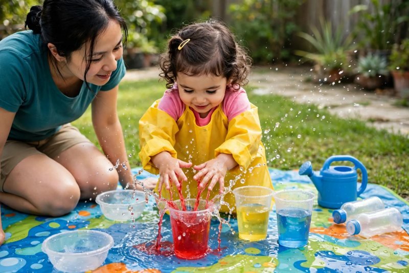 Giggling toddler splashing both hands in a clear cup of red water outdoors