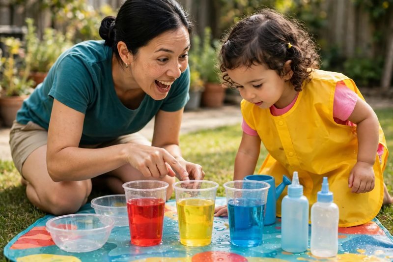 Mother pointing at red and yellow water cups while her toddler names the colors