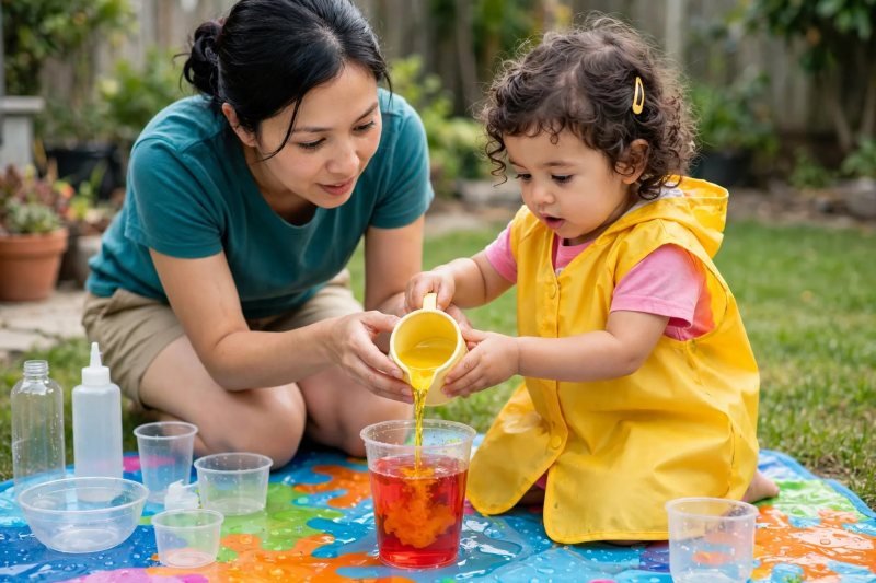 Toddler pouring yellow water from a small jug into red water, orange blooming