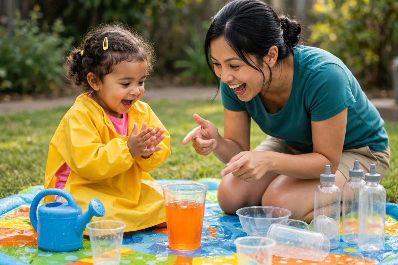 Mother and toddler cheering with delight at a cup of newly mixed orange water