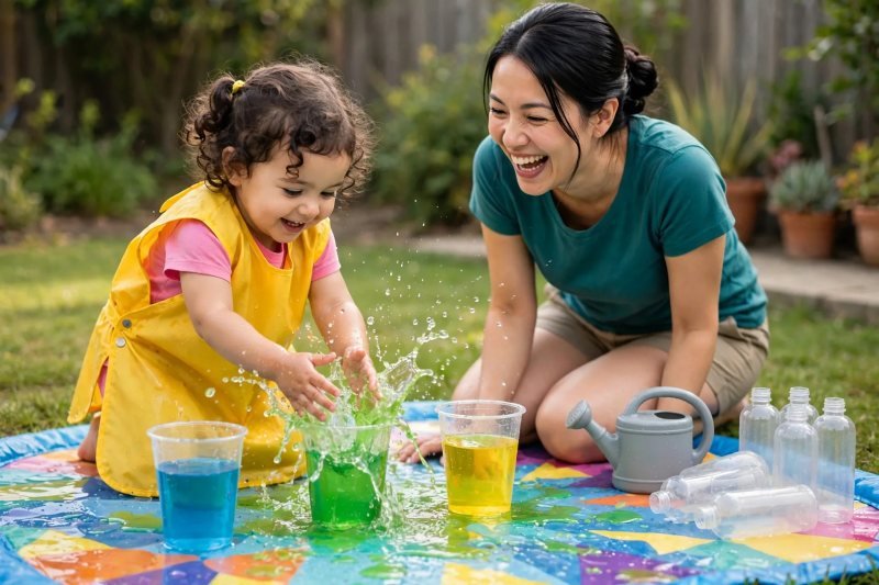 Toddler splashing green water in a cup beside blue and yellow cups outdoors