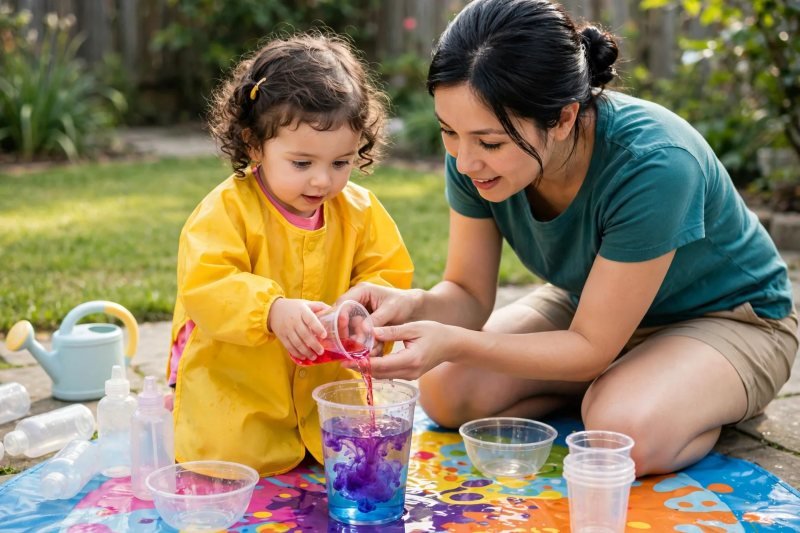 Toddler pouring red water into a blue cup as bright purple color forms