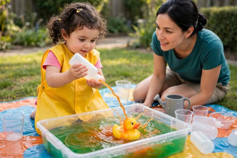 Toddler squirting orange water from a bottle over a rubber duck in a bin