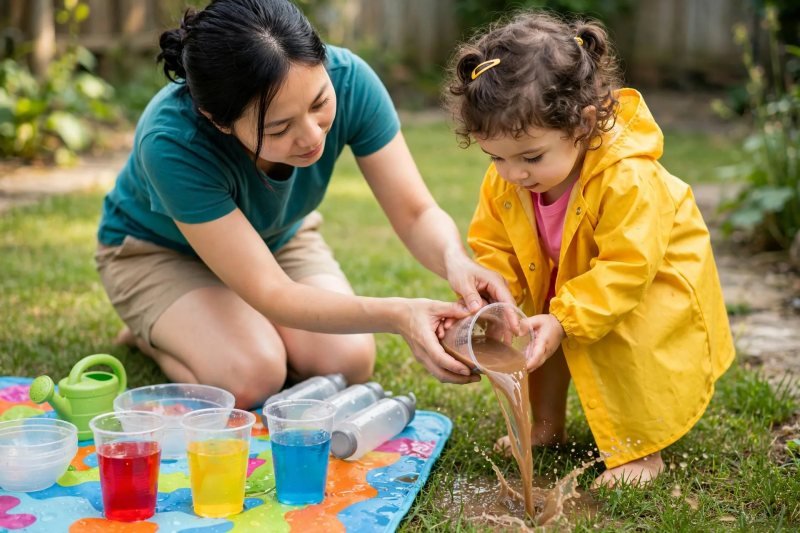 Toddler and mother tipping a cup of muddy brown water onto the grass