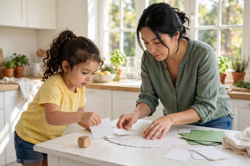 Mother and child spreading blank number cards, a wooden die and green paper