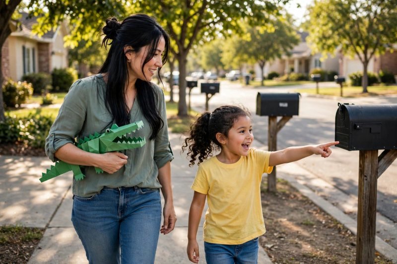 Mother and child pointing at letterboxes on a sunny sidewalk walk