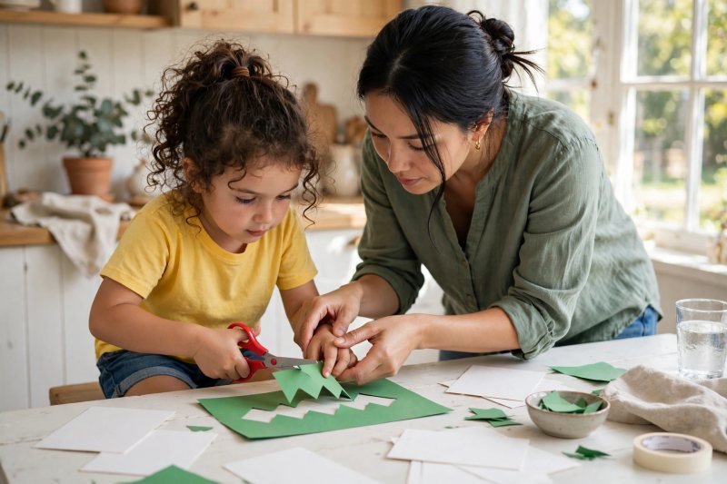 Child cutting a zigzag alligator mouth from green paper with safety scissors