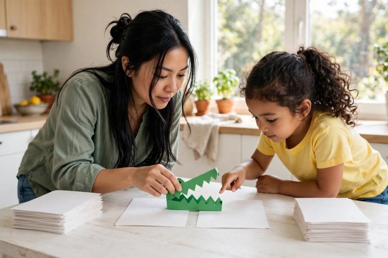 Mother placing the paper alligator mouth between two blank face-down cards