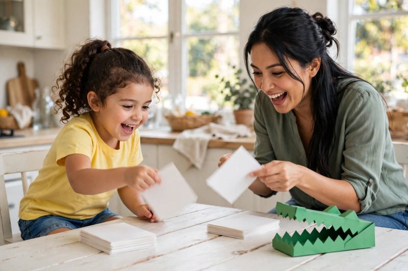 Child and mother flipping blank cards face down together in card war
