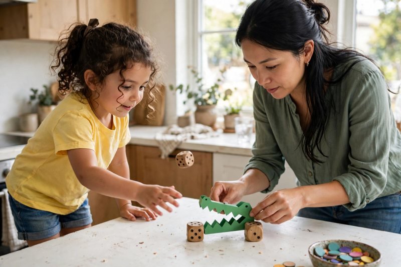 Child rolling a die while mother places the paper mouth between two dice