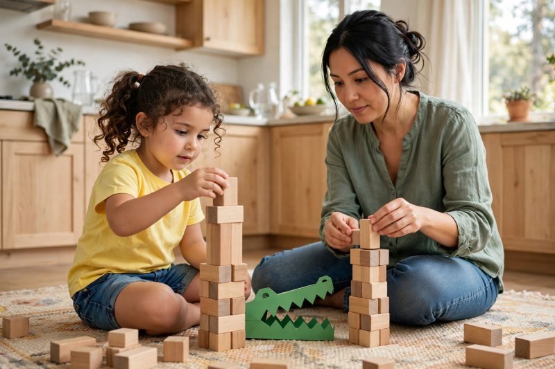 Child building a tall block tower beside her mother's shorter tower