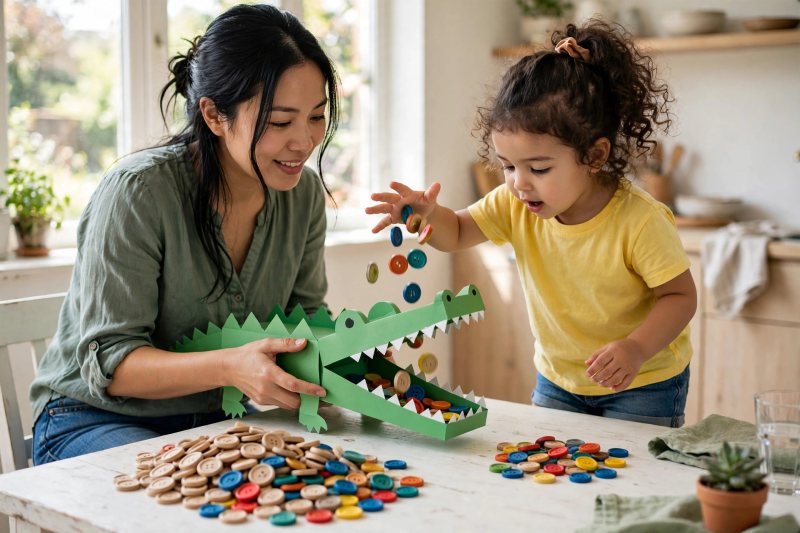 Child dropping buttons into the alligator's open mouth beside uneven piles