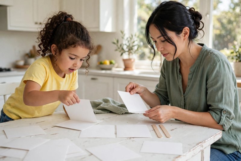 Child and mother flipping blank cards, equal-sign sticks by a matched pair