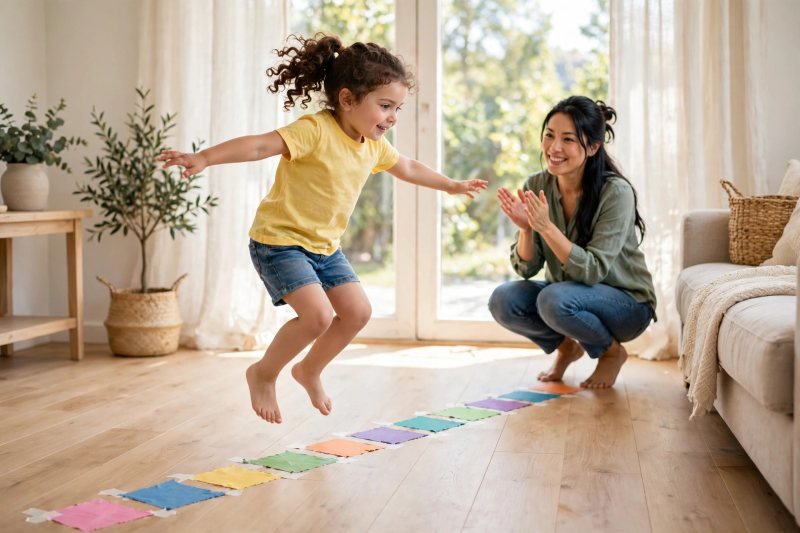 Child hopping along colorful tape squares while her mother claps