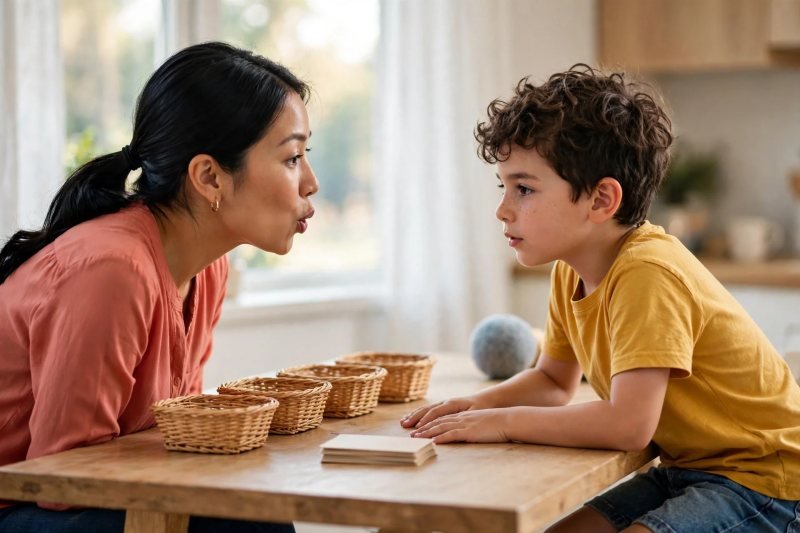 Mom models mouth shapes for blend sounds while her son echoes across a kitchen table
