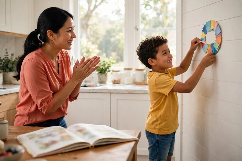 Beaming boy tapes a handmade blend badge to the wall as mom applauds him