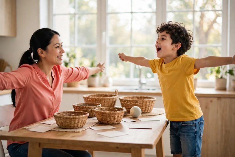 Boy stretches arms wide like a rubber band as mom mirrors him in a blend game