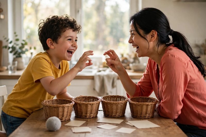 Laughing boy and mom snap fingers at each other playing a say-it-fast sound game