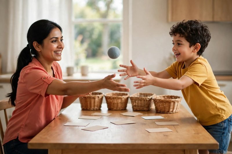 Mom and boy toss a soft ball mid-air back and forth during the BL word parade