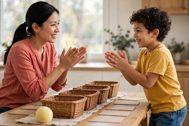 Boy and mom clap once per syllable together for CL blend practice at the table