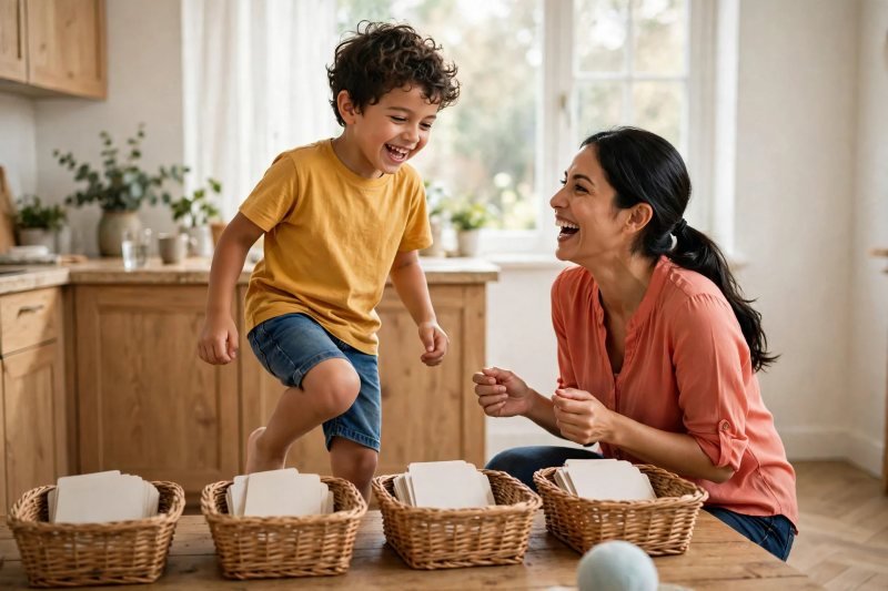 Boy stomps one foot mid-stomp beside the table while mom cheers the ST parade