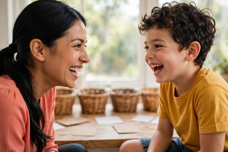 Mom and boy share big laughing smiles during the SM word parade at the table