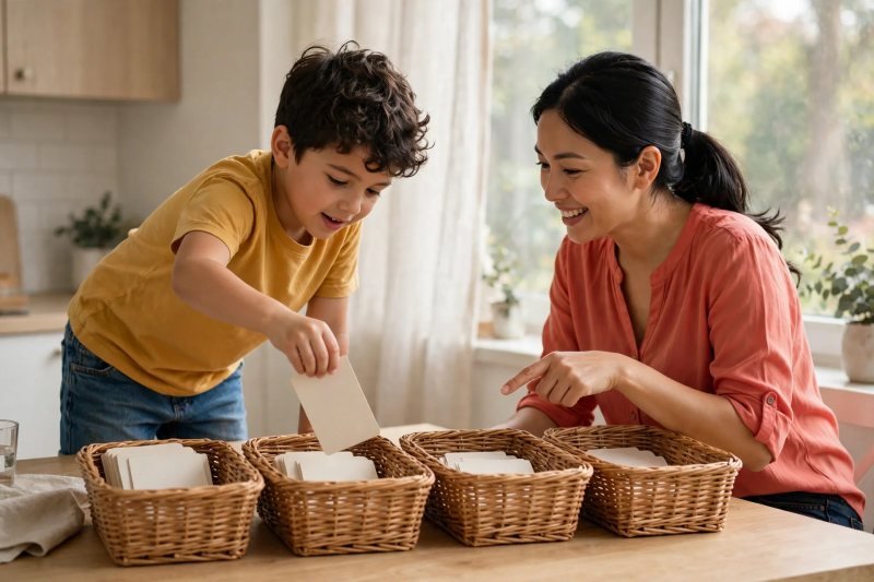 Boy drops a blank word card into a basket as mom points in the sorting game