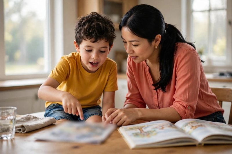 Boy points at blurred text while mom reads along in a shared reading moment