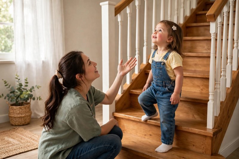 Mother and toddler starting a stair-counting game, an easy counting activity for toddlers