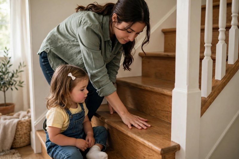 Mother counting stairs out loud with her hand on each step, toddler listening