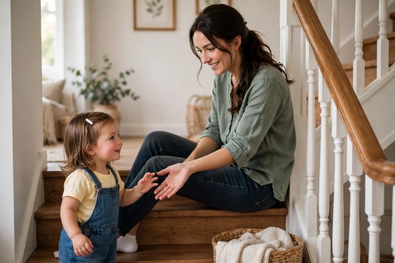 Mother inviting her toddler to join counting on the stairs at home