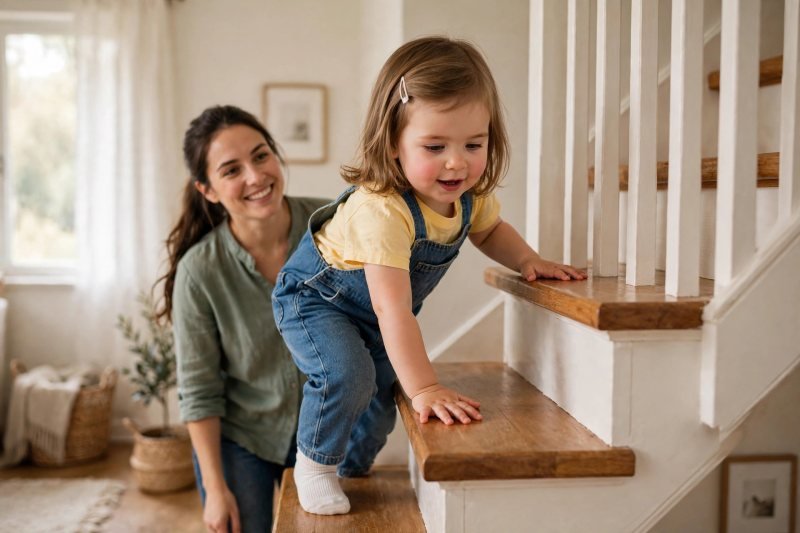Toddler confidently counting stairs herself, routine counting activity for toddlers