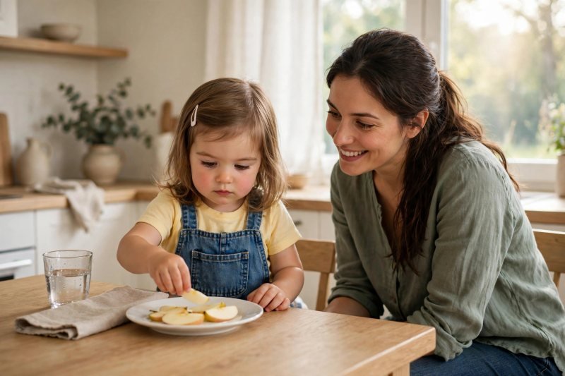 Toddler counting apple pieces onto a plate, a snack counting activity for toddlers