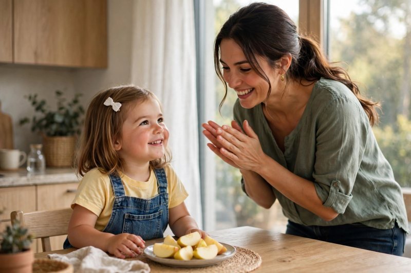 Mother clapping to celebrate her toddler's counting effort at the kitchen table