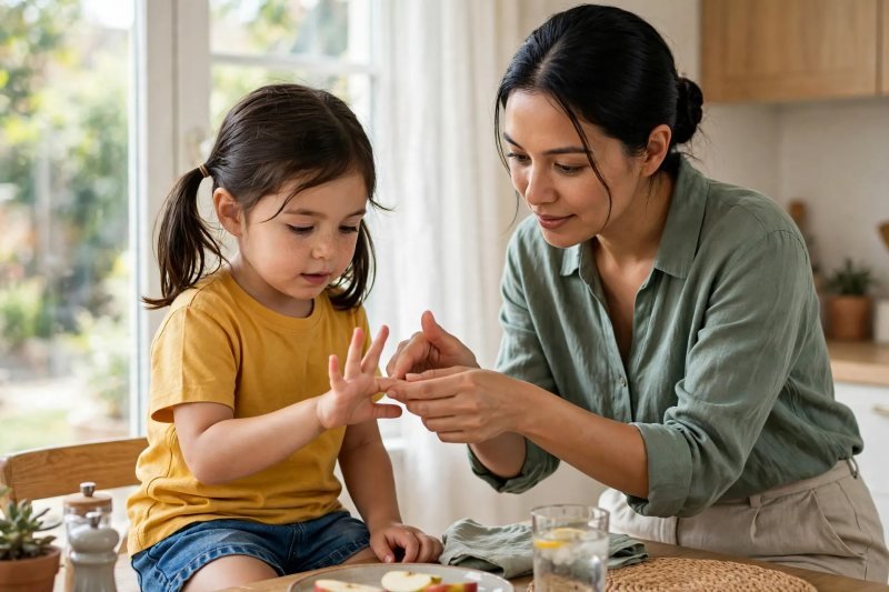 Preschooler folding down fingers at the kitchen table while her mother guides her hand