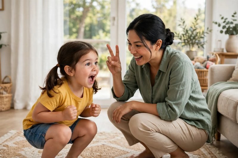 Four-year-old crouching like a rocket beside her mother in a bright living room