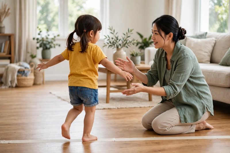 Girl walking backwards along a taped number line while her mother guides her steps
