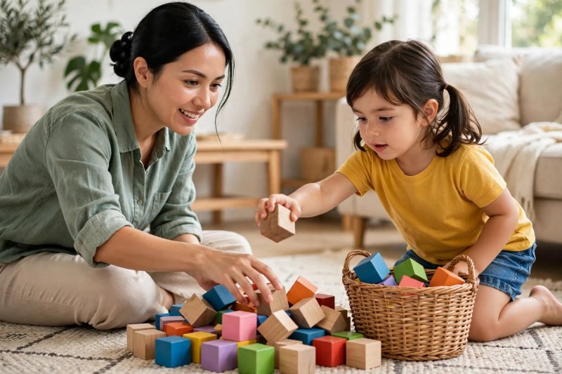 Preschooler carrying a wooden block to a basket in a take-away race game