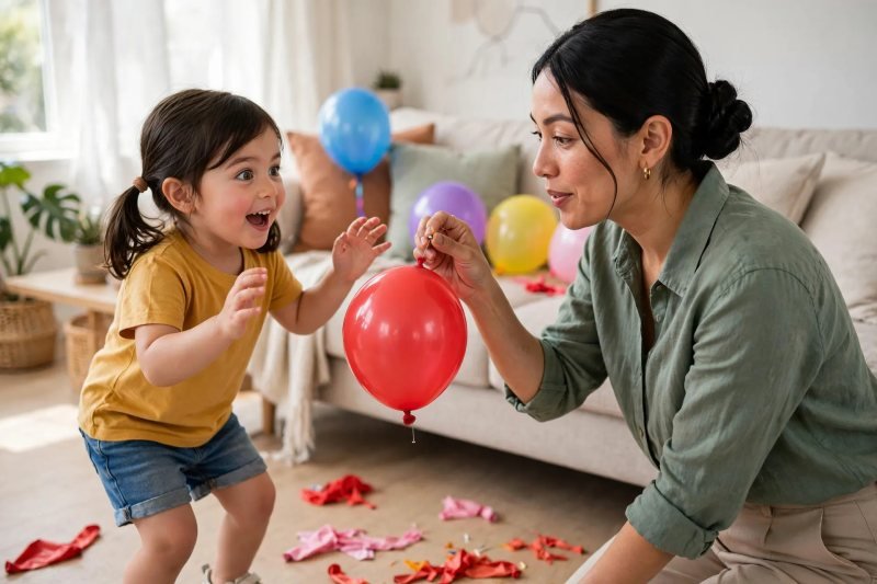 Mother holding a pin near a balloon while her daughter watches the countdown pop