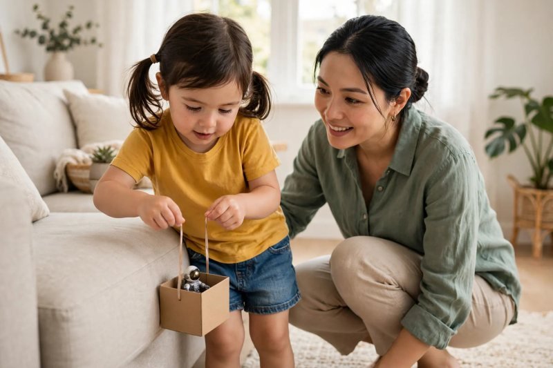 Girl lowering a cardboard-box elevator with a toy astronaut riding inside