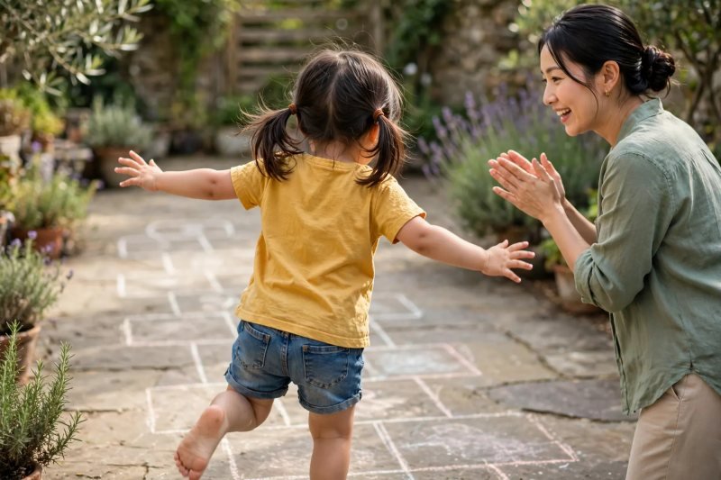 Girl mid-hop through a chalk hopscotch grid in reverse on a garden patio