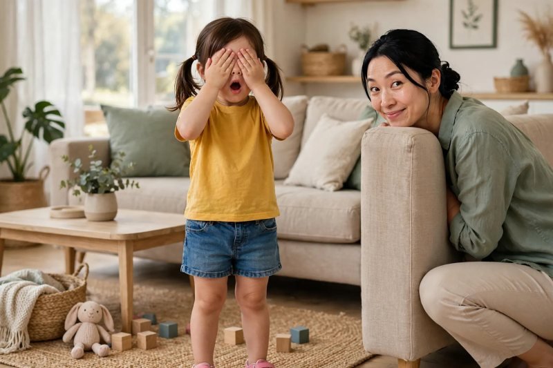 Preschooler covering her eyes and counting while her mother hides behind the sofa