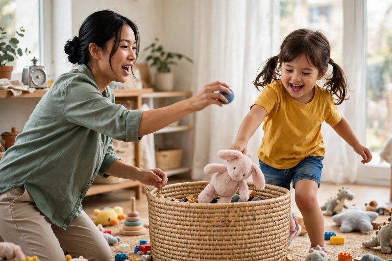 Mother and daughter racing to toss toys into a bin before the timer runs out