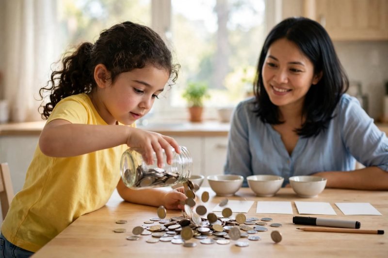 Girl pouring real coins from a glass jar onto a kitchen table mid-motion